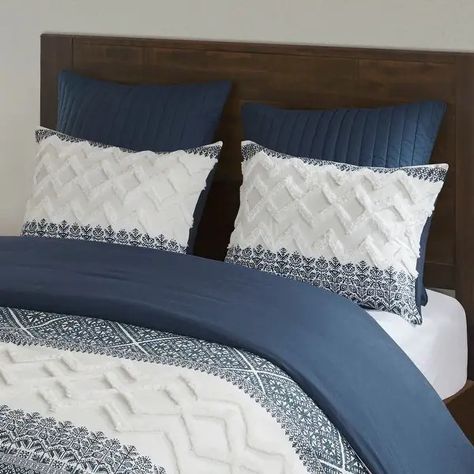 INK+IVY Mila 3 Piece Cotton Comforter Set with Chenille Tufting - Bed Bath & Beyond - 29447499 Navy Comforter Sets, Navy Comforter, Grey Comforter Sets, Grey Comforter, Cotton Comforter Set, Estilo Shabby Chic, Cotton Comforters, Print Comforter, Duvet Cover Design