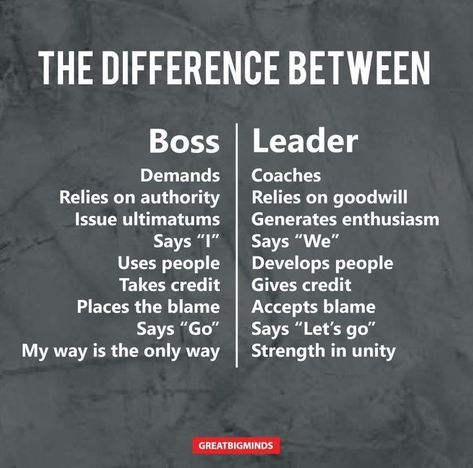 Difference Between A Boss And A Leader. For more inspiring quotes and sayings, visit www.greatbigminds.com Good Leaders Quotes, Best Boss Quotes, Great Leader Quotes, Good Boss, Leader Quotes, Boss Quotes, Personal Quotes, Leadership Quotes, Motivational Quotes For Life