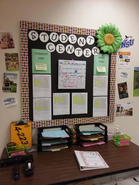 Love this idea of a student board for data. dry erase calender for events, and folders for students to turn papers in Organization Center, Teacher Desk Organization, Data Wall, Middle School Classroom Decor, Student Board, History Classroom, High School Classroom, Middle School Classroom, Teacher Organization