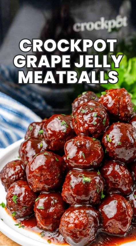 Quick and easy Crockpot Grape Jelly Meatballs recipe with just 3 ingredients. Perfect for parties and family meals. Loved by all ages! Crockpot Grape Jelly Meatballs, Bbq Grape Jelly Meatballs, Bbq Meatballs Crockpot, Jelly Meatball Recipe, Bbq Meatball Recipe, Grape Jelly Meatballs Recipe, Meatball Recipes Crockpot, Jelly Meatballs, Quick Appetizer