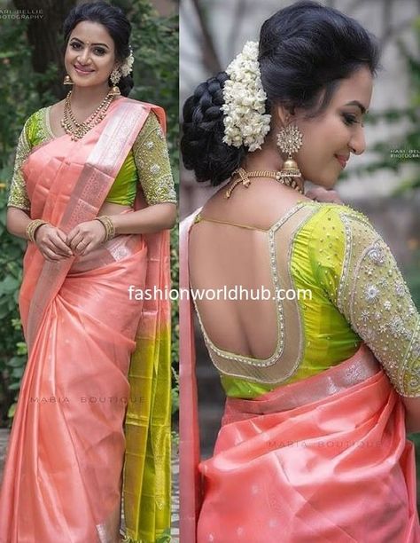 Trending Pastel Colour Kanjeevaram sarees! | Fashionworldhub Pastel Colour Sarees For Wedding, Peach Colour Pattu Saree, Simple Maggam Work Blouses For Pattu Sarees Pink, Peach Colour Saree Blouse Combination, Pastel Color Silk Sarees, Peach Saree Blouse Combination, Unique Saree Colour Combinations, Pattu Saree Combinations Color Combos, Pastel Pink Saree Contrast Blouse