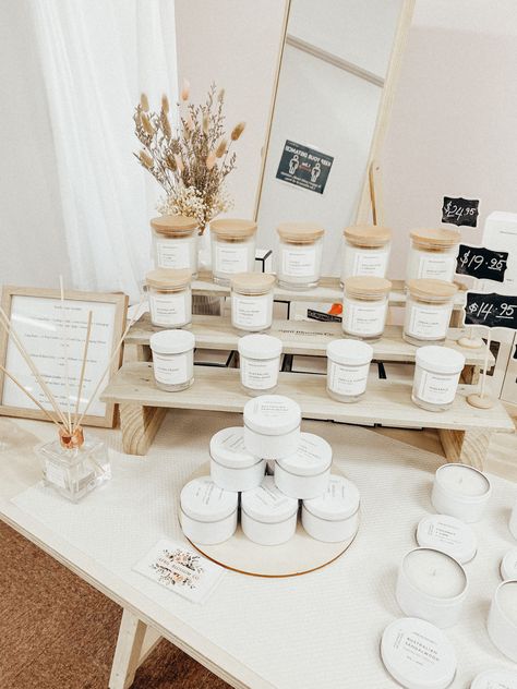 Coastal Vendor Booth, Candle Booth Set Up Ideas, How To Make Your Market Stall Stand Out, Candle Display Market, Candle Craft Fair Booth, Candle Merchandising Display, Candle Market Display Ideas, Display Tables Vendor, Boho Pop Up Shop Ideas