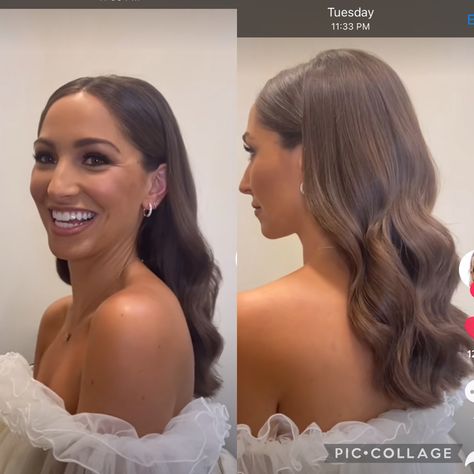 Timeless Bride Hairstyles, Curl Hair Wedding Guest, Bride Hairstyle Down Curls, Bridal Hair Down Pinned Back, Timeless Bridesmaid Hair, Tucked Curled Hair, Behind The Ear Curled Hair, Hollywood Curls Wedding Brunette, Bride Slicked Back Hair