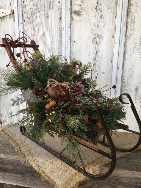 Vintage primitive sleigh arrangement from my #etsy shop: Vintage Sleigh with Rustic Bells and Candy Cane~Winter Pine Sleigh~Christmas Primitive Sleigh~Rustic Sleigh~Colonial Sleigh Decorate A Sleigh For Christmas, How To Decorate A Small Sleigh For Christmas, Sled Decorating Ideas Porch, Vintage Sleigh Christmas Decor, Santa Sleigh Decorating Ideas, Large Sleigh Decorating Ideas, Santa’s Sleigh, Sleigh Decorating Ideas Christmas, Sleigh Decorating Ideas