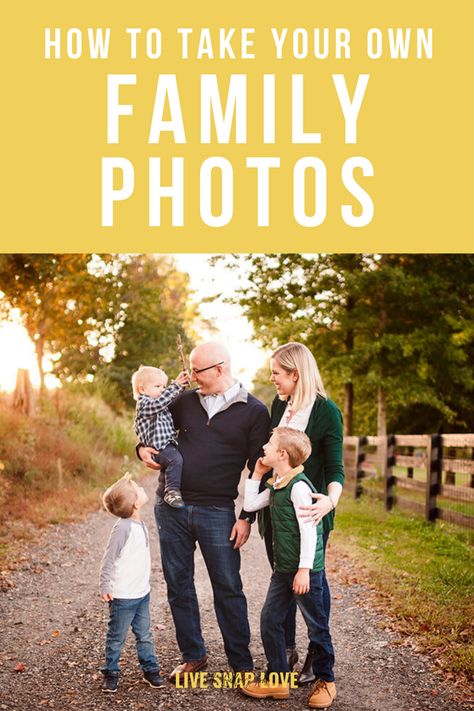 DIY family pictures with this step by step guide to taking your own family photos. Get family photo tips and more! How To Photograph People Outside, Easy Diy Family Photo Shoot, Taking Your Own Pictures, Taking Your Own Family Photos, How To Take Family Photos Yourself Iphone, Family Self Portrait Ideas, Easy Family Picture Ideas, Self Portrait Family Photography, Family Photos With Tripod