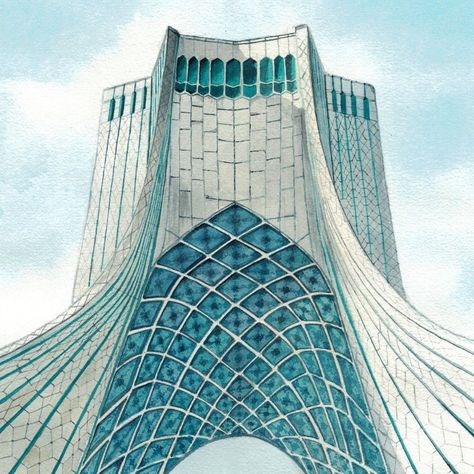 Azadi Tower Painting, Azadi Tower Drawing, Freedom Tower, Iran Drawing, Architect Drawing, Art Assignments, Building Drawing, Tehran, Architecture Design Sketch