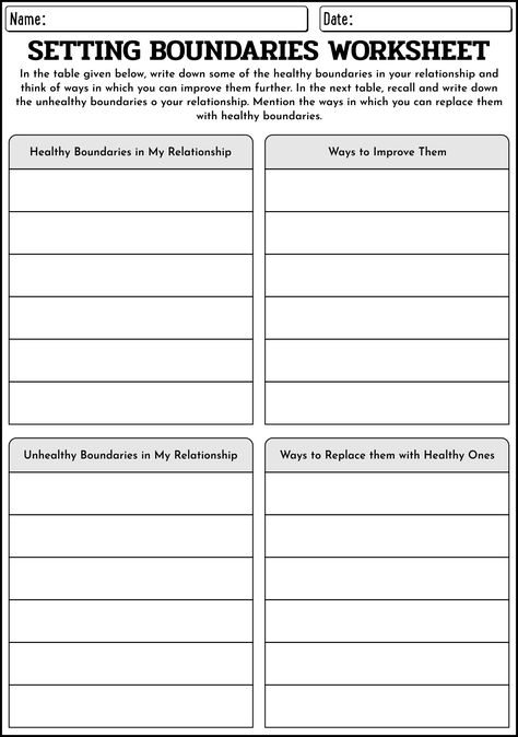 Printable Worksheets On Setting Boundaries In Relationships Healthy Boundaries Worksheets, Setting Boundaries Worksheet, Setting Boundaries In Relationships, Boundaries Activities, Couples Therapy Exercises, Relationship Exercises, Boundaries In Relationships, Life Coaching Worksheets, Coaching Worksheets