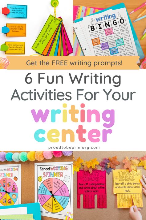 Try these 6 fun and engaging writing activities in your primary (kindergarten, first grade, second grade) education writing centers this school year. Students will love the various writing tasks because they are simple, fun, and relate to their personal lives in and out of the classroom. Choose from back-to-school, fall topics, and more topics for the entire school year! Grab a free sample of writing activity mats with prompts, conventions checklist, and picture word lists. 2nd Grade Writing Center Activities, Writing Activities For Elementary Students, Creative Writing Primary School, Writing For 2nd Grade Free Printable, Fun Writing Activities For 1st Grade, How To Teach Writing In Second Grade, Second Grade Writing Center, Second Grade Writing Activities, Writing Center 2nd Grade