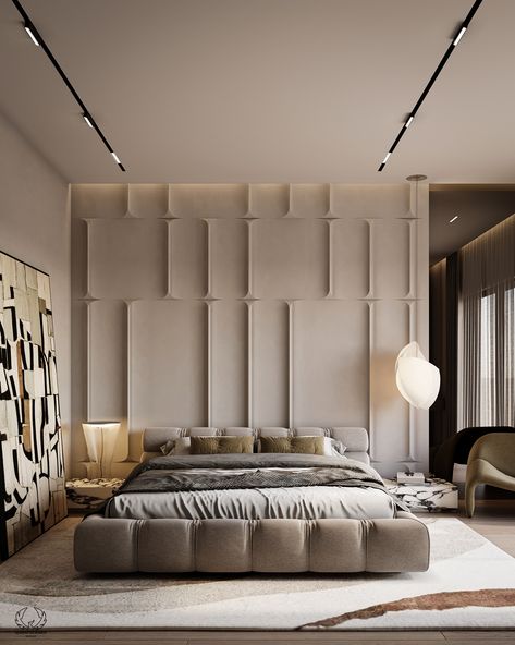 This calm bedroom design combines neutral tones with modern luxury. The textured wall panels add depth, while the comfortable bed and simple décor show calm elegance. Ideal for people who enjoy a combination of comfort and style.

#BedroomGoals #ModernDesign #NeutralInteriors #bedroomDesign #bedroomInterior #homeDecor #homeInterior #ModernInterior #ModernBedroom  #ContemporaryBedroom #homeBedroomRefresh Bedroom Wall Cladding, Calm Bedroom Design, Modern Simple Bathroom, Panel Design Ideas, Bedroom Design Luxury, Accent Wall Bathroom, Calm Bedroom, Luxury Bedroom Interior, Bedroom Ideas Luxury