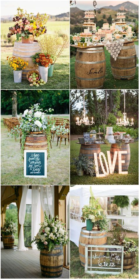 country chic wine barrel theme wedding decoration ideas Wine Barrel Wedding Decor, Barrel Wedding Decor, Wine Barrel Wedding, Rustic Country Wedding Decorations, Barrel Wedding, Rustic Wedding Decorations, Country Wedding Decorations, Wine Barrels, Rustic Country Wedding