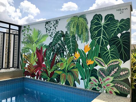 Botanical Wall Painting, Tropical Plants Wall Painting, Succulent Wall Mural, Green Mural Painting, Wall Painting For Garden, Summer Mural Ideas, Mural Art Outdoor, Sunroom Mural, Botanical Mural Painting