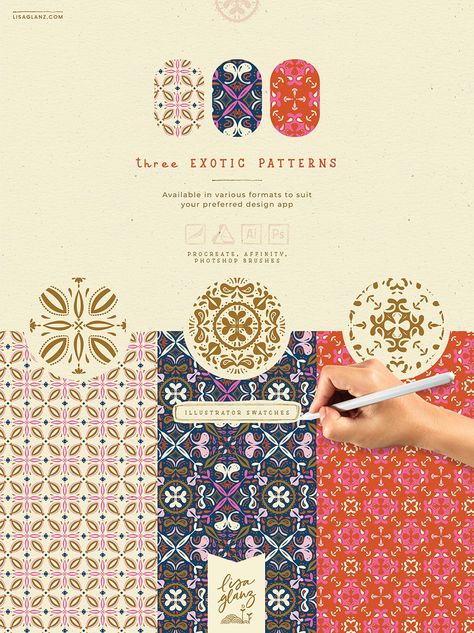 Free Pattern Brushes for Procreate and other apps - Lisa Glanz Adobe Illustrator Pattern, Motif Arabesque, Pattern Design Inspiration, William Morris Designs, Brushes For Procreate, Motif Batik, Batik Pattern, Paper Patterns, Textile Pattern Design