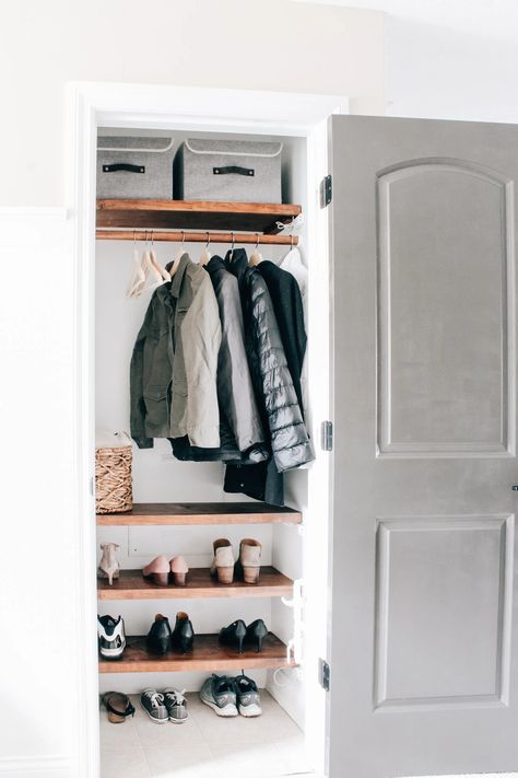 Coat Closet Revamp - designatedspacedesign.com Coat Closet Makeover, Coat Closet Ideas, Coat Cupboard, Small Coat Closet, Front Hall Closet, Closet Revamp, Front Closet, Coat Closet Organization, Ideas Closet