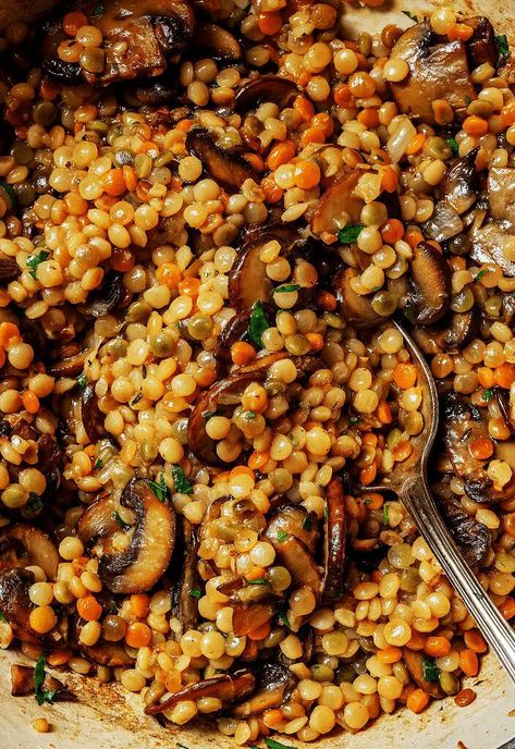 Pearl Couscous With Mushrooms, Mushroom Pearl Couscous Recipes, Tomato Couscous Recipes, Mushroom And Pearl Couscous Soup, Soups With Couscous, Couscous Roasted Vegetables, Tumeric Pearl Couscous Recipes, Marry Me Couscous, Pearl Couscous Bowl