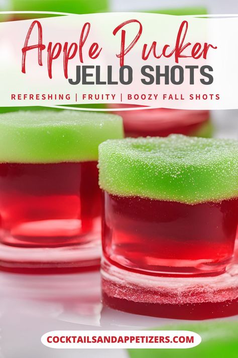 These easy apple pucker jello shots are a great boozy treat for parties and game day. DeKuyper Sour Apple Pucker combines with Fireball and Cranberry Jello for a alcoholic jello shot recipe that is simple to make. Garnish with an candy apple ring for serving at Fall parties, Halloween or anytime! Fall Flavored Jello Shots, Jell-o Shots With Vodka, Sour Apple Pucker Jello Shots, Halloween Alcoholic Jello Shots, Apple Pucker Jello Shots, Christmas Jello Shots Recipes, Halloween Themed Jello Shots, Winter Jello Shots, Jello Shot Recipes Halloween