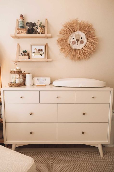 Nursery Dresser Shelves, Natural Wood Baby Dresser, Zoo Nursery Theme Gender Neutral, Rust Gender Neutral Nursery, 6 Drawer Dresser Nursery, Safari Nursery Shelf Decor, Boho Nursery Dresser Decor, Nursery Dresser Top Organization, Nursery Furniture Dressers