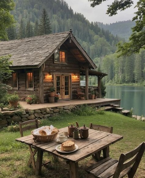 Cozy House In The Mountains, Off Grid Cabin Aesthetic, House In Mountains Aesthetic, Cabin In The Woods By A Lake, Wooden Cabin Aesthetic, Dream House Countryside, Aesthetic Cabin In The Woods, Living In The Country Aesthetic, Rustic Cabins In The Woods Interior