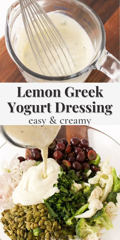 This creamy lemon dressing with Greek yogurt is the easiest homemade salad dressing recipe! It has just 5 essential ingredients and no cooking required. Perfect for tossing with a salad, as a dip/sauce, or as a topping for roasted vegetables. Homemade Greek Yogurt Dressing, Greek Yogurt Lemon Dressing, Recipe For Greek Salad Dressing, Yogurt Lemon Dressing, Caesar Dressing With Greek Yogurt, Creamy Greek Salad Dressing Recipe, Creamy Lemon Dressing Greek Yogurt, Easy Greek Yogurt Dressing, Yogurt Dressing Recipe Greek