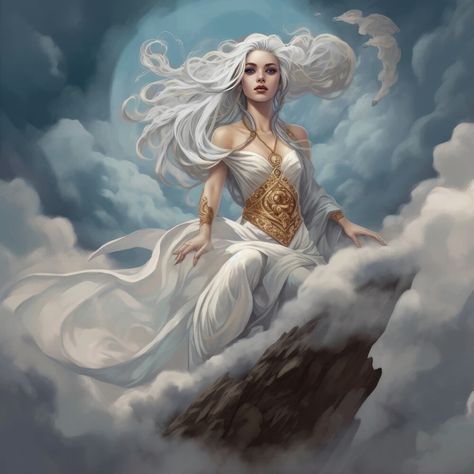 Rain Goddess Art, Wind Goddess Art, Air Goddess Aesthetic, Cloud Giant Art, Sky Goddess Art, Wind Elemental Female, Wind Element Character Design, Air Goddess Art, Air Elemental Female