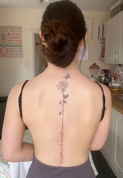 Spine Tattoo Rose Vine, Spine Tattoos Butterflies, Spine Tattoos Men, Rose Spine Tattoos For Women, Spine Tattoo Simple, Red Spine Tattoos For Women, Meadow Tattoo, Simple Back Tattoo, Spine Tattoo Ideas Female