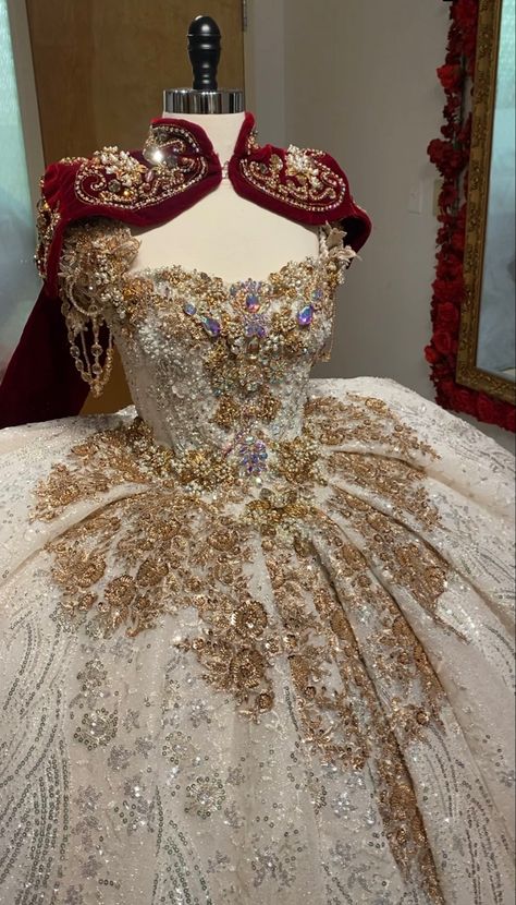 Royalty Quinceanera Dresses, Quince Dresses Red And White, Royalty Prom Dress, Red And Gold Sweet 16 Dresses, Royal Gown Aesthetic, Quince Dresses Gold, White And Gold Quince Dress, Sweet 16 Dresses Red, Red And Gold Quince Dress