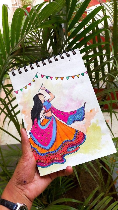 Navratri Drawing Painting, Gujarati Drawing, Garba Drawing Easy, Drawing Ideas For Navratri, Navratri Drawing Ideas Mandala, Navratri Sketch Drawing, Drawing On Navratri, Navratri Diy Craft, Dandiya Painting