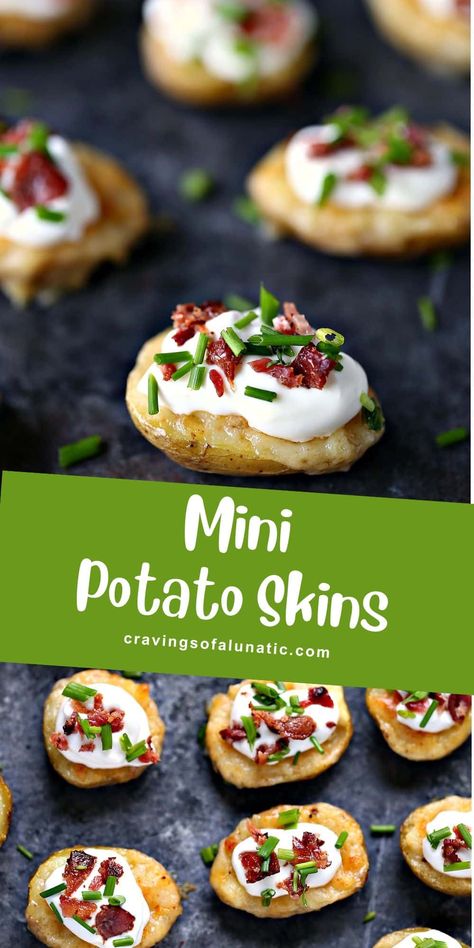 These Mini Potato Skins with Sour Cream, Bacon, and Chives are the perfect way to indulge your taste buds. They are ideal for parties and can be served as a side dish or appetizer. Mini Potato Skins, Potato Skins Appetizer, Tailgate Recipes, Fall Eats, Awesome Appetizers, Carnivore Recipes, Mini Potatoes, Food Innovation, Potato Skin