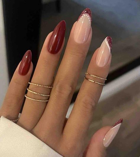 Stunning Red Nail Designs That Will Make Heads Turn Red With Sparkle Nails, Brown And Glitter Nails, Light Red Nails, Red Nails With Glitter, Red Nail Ideas, Red And White Nails, Red Christmas Nails, French Tip Nail Designs, Bride Outfits