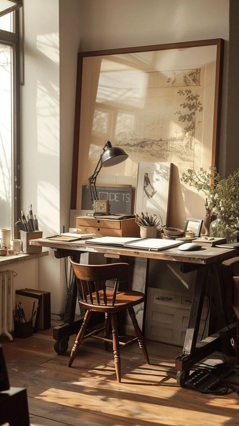 Vintage Library Office, Writers Apartment, Cozy Office Aesthetic, Vintage Desk Setup, Books On Desk, Writer Room, Desk Vignette, Writer Desk, Writers Home