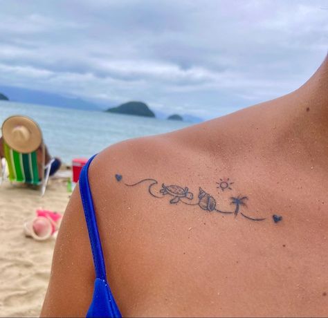 Beach Collar Bone Tattoo, Beach Aesthetic Tattoo Ideas, Tattoos To Get At The Beach, Forearm Beach Tattoo Women, Beach Girl Tattoo Ideas, Tattoo Ideas Female Beach, Best Friend Beach Tattoos, Beach Tatoos Ideas, Beach Girl Tattoo