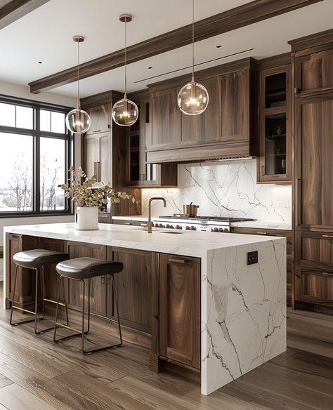 Home Decor Brown Tones, Kitchen Ideas Walnut Cabinets, Light And Dark Wood Kitchen, Black Walnut Cabinets Kitchens, Countertops With Walnut Cabinets, Brown And Tan Kitchen, Kitchen Design Light Wood, Dark Wood Cabinets Kitchen, Dark Wood Interior