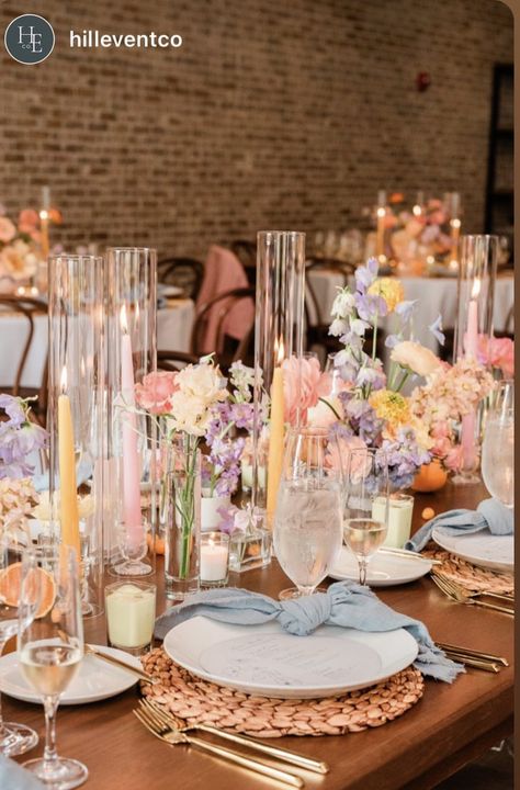 June 2024 Wedding, Summer Wedding Table Decor, Summer Wedding Table, Pastel Blue Wedding, Flower Moxie, Pastel Candle, Wildflower Wedding Theme, Candle Table Decorations, Madison Wedding