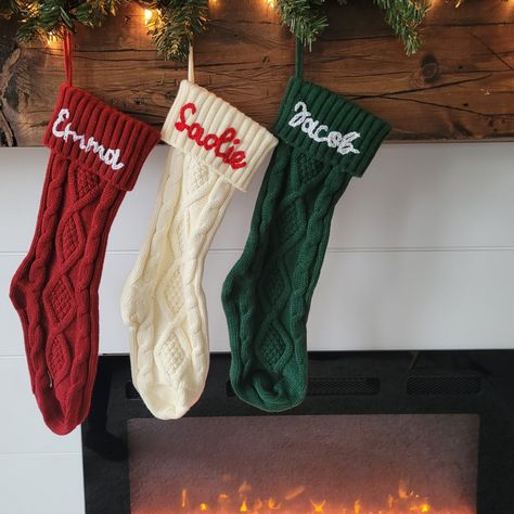 Hand Embroidered Christmas Stockings, Name Stocking, Family Knitted Personalized Christmas Stockings Embroidered Stockings, Stockings With Names, Family Christmas Stockings, Crochet Stocking, Christmas Gift For Family, Stocking Designs, Crochet Christmas Stocking, Family Stockings, Small Christmas Gifts