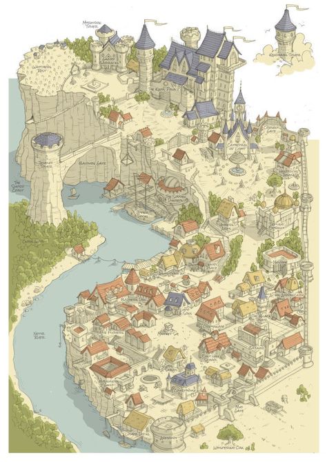 Castle cliffside town, the entire town is protected by the large castle wall on the right and the sheer cliff face protects the town from the left providing efficient access through the lake passing through. Fantasy Town Layout, Cliffside Town Fantasy Art, Fantasy City Layout, Fantasy Maps Castle, Lake Village Fantasy Art, River Town Fantasy Art, Map References Design, Medieval Town Map, Medieval City Layout