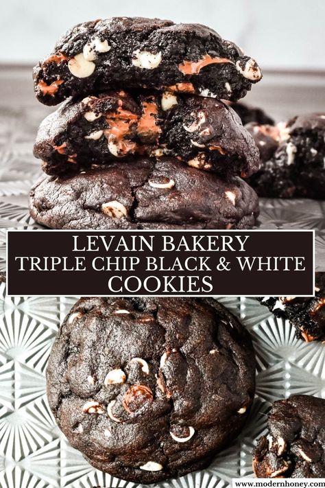 Levain Bakery Black and White Cookies Subway Triple Chocolate Cookies, Levain Black And White Cookie, Belgian Chocolate Cookies, Bakery Style Chocolate Cookies, Monster Chocolate Chip Cookies Recipe, Levin Cookie Recipe, Triple Chocolate Chip Cookie Recipe, Chocolate Chip Cookie For Two, Reverse Chocolate Chip Cookies