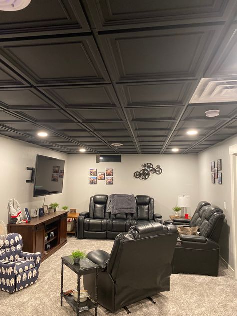 Basement Black Drop Ceiling, Basement With Black Ceiling Tiles, Black Room With Black Ceiling, Black Basement Ceiling Tiles, Basement Ceiling Tile Ideas, Basement With Dark Ceiling, Black And Brown Basement Ideas, Drop In Ceiling Tile Ideas, Black Spray Foam Ceiling