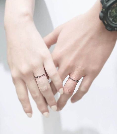 Always And Forever Ring Tattoo, Different Couple Tattoos, Tattoo Ring Ideas, Tattoo Rings For Couples, Wedding Ring Tattoo Ideas For Women, Couple Ring Tattoos, Marriage Tattoos Ring Finger, Small Couples Tattoo, Wedding Ring Tattoos For Couples