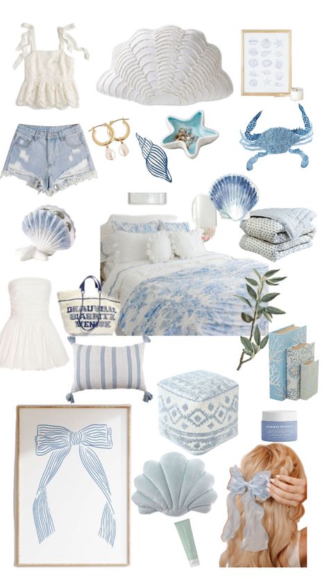 Beach blue aesthetic room decor and style ideas Coastal Bedroom Preppy, Blue Coastal Granddaughter Bedroom, Pink And Blue Costal Bedroom, Blue Beach Bedroom Ideas, Room Ideas Costal Grandaughter, Blue Coastal Bedroom Ideas, Room Inspo Beach Vibes, Pink Costal Bedroom Ideas, Room Decor Blue Aesthetic