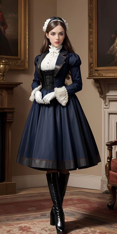 Women Victorian Fashion, Victorian Women Aesthetic, Modern Victorian Aesthetic Outfit, Victorian Suit Women, Victorian Female Fashion, Steampunk Fashion Women Victorian, Fantasy Victorian Fashion, Elegant Dresses With Gloves, Victorian Dresses Aesthetic