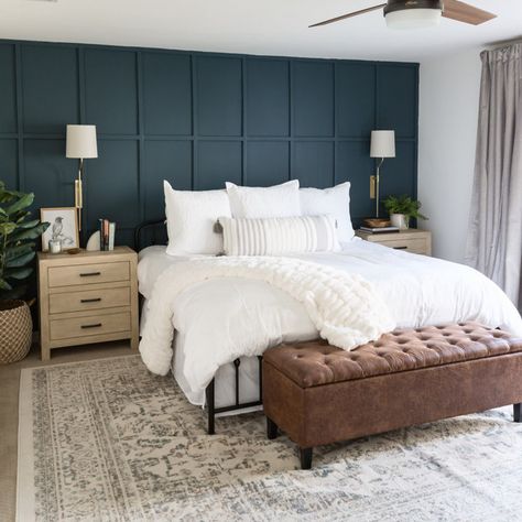 Vaulted Ceiling Master Bedroom - Transitional - Bedroom - Cleveland - by Laura of Pembroke | Houzz Blue Accent Walls, Transitional Bedroom, Copper Design, Accent Wall Bedroom, Traditional Bedroom, Bedroom Layouts, Farmhouse Bedroom, Master Bedrooms Decor, Remodel Bedroom