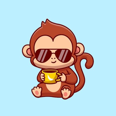 Cute cool monkey drink coffee illustrati... | Premium Vector #Freepik #vector #chimp #cute-monkey #monkey #monkey-cartoon Monkey Drawing Cute, Cartoon Monkey Drawing, Monkey Logo Design, Cool Monkey, Monkey Drawing, Coffee Cartoon, Monkey Illustration, Monkey Logo, Monkey Stickers