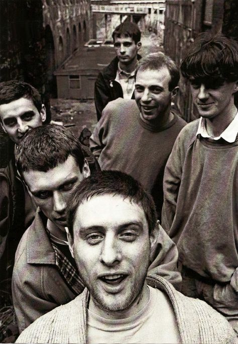 The Happy Mondays in Clerkenwell London - clockwise from back Paul Davis, Mark Day, gary Whelan, Shaun Ryder, Matk 'Bez' Berry, Paul Ryder. This picture was taken in 1987 when they had released or were about to release the splendidly named ' Squirrel and G-Man Twenty Four Hour Party People Plastic Face Carnt Smile (White Out)' The Happy Mondays Band, Happy Mondays Band, Shaun Ryder, Clerkenwell London, Acid House Rave, Brit Pop, Smile White, Paul Davis, Happy Mondays