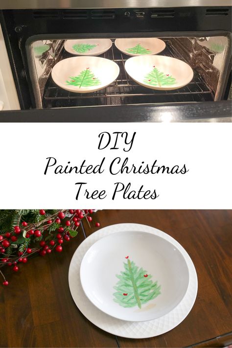 DIY tutorial for a fun holiday craft - Painted Christmas Tree plates! Anyone can make these, you don't have to be an artist. They are easy and you only need a few things to make them. Makes the perfect handcrafted gift or tablescape decor. Change the picture for a fun craft for other holidays as well! Craft Plates Diy For Kids, Diy Plate Gift From Kids, Christmas Platter Kids Craft, Kid Christmas Plate Diy, Sharpie Plates Diy Ovens, Kids Christmas Plate Craft, Decorate Plates Diy, Keepsake Plates Diy, Painted Plates Kids