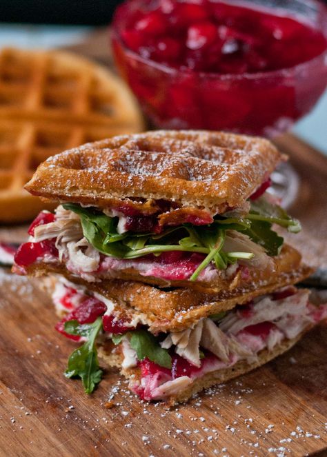 Waffled Cranberry Leftover Turkey Sandwiches | NeighborFood Sandwiches Board, Cranberry Turkey Sandwich, Thanksgiving Brunch Recipes, Leftover Thanksgiving Sandwich, Cheese Turkey, Turkey Sandwiches Recipes, Cranberry Turkey, Thanksgiving Brunch, Savory Waffles