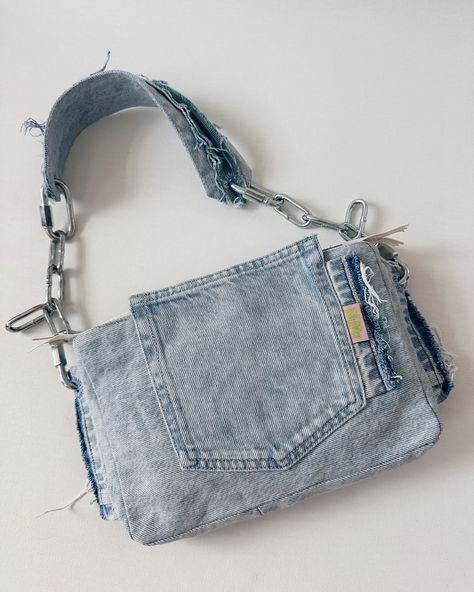 BAG No. 1 baby blue denim with jeans pocket 🩵 Nearly forgot about this one 😅 #upcycled#upcyclingbag#jeans#babyblue#chain#handbag#handmade Scrap Jeans Projects, Denim Ideas Creative, Bag Made From Jeans, Upcycle Bags Ideas, Reuse Jeans Diy Ideas, Crafts With Jeans, Denim Crossbody Bag Diy, Diy With Jeans, Upcycled Denim Bag