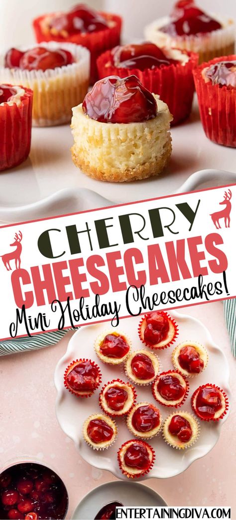 Mini Cherry Cheesecakes With A Vanilla Wafer Crust | Valentines Day Party Ideas Traditional Cheesecake, Cheesecake Cupcakes Recipe, Mini Cherry Cheesecakes, Holiday Cheesecake, Cherry Cheesecake Recipe, Vanilla Wafer Crust, Cherry Topping, Vanilla Wafer, Cheesecake Tarts