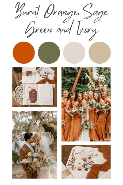 Rust Brown And Sage Green Wedding, Sage Green And Burnt Orange Bridal Party, Olive Green And Orange Wedding Theme, Burnt Orange Ivory And Sage Green Wedding, Sage Green Burnt Orange And Cream Wedding, Safe Green And Burnt Orange Wedding, Burnt Orange Summer Wedding, Paprika Wedding Colors, Sage Green Burnt Orange Wedding