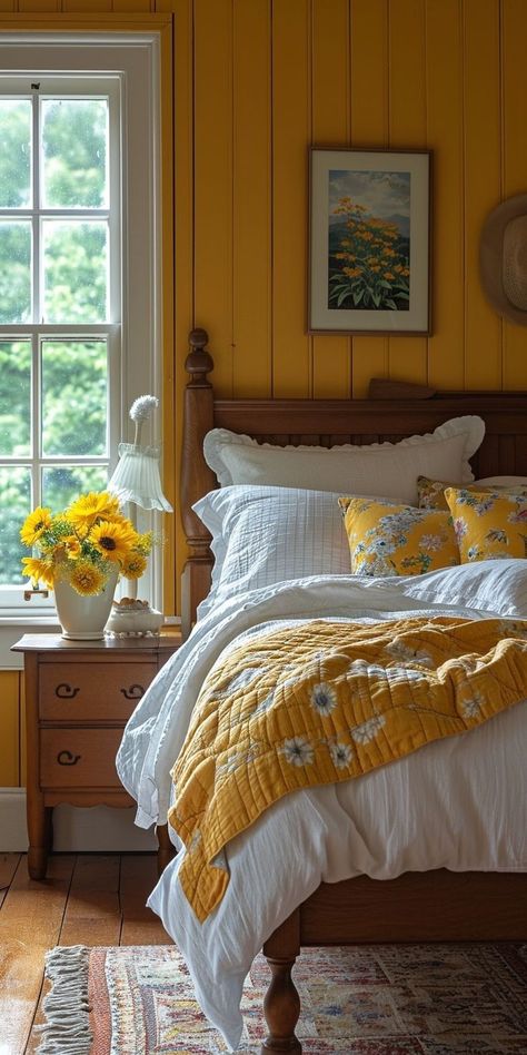 Yellow Bedroom Walls, Bedroom Paint Ideas, Bedroom Ideas For Women, Country Cottage Living, Women Bedroom, Yellow Room, Yellow Home Decor, Hello Monday, Yellow Bedroom