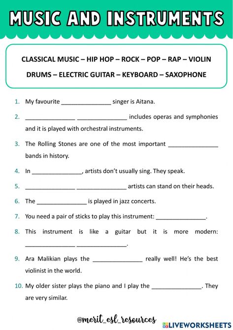 Musical instruments online activity for elementary. You can do the exercises online or download the worksheet as pdf. Types Of Musical Instruments, Types Of Instruments, Music Vocabulary Worksheet, Music Vocabulary, Free Music Worksheets, Jazz Concert, Music Worksheets, Elementary Music Classroom, German Language Learning