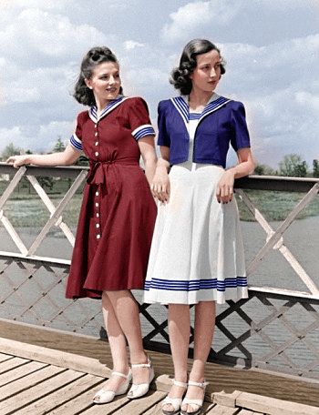 1940s nautical dresses by Calpin69 on DeviantArt Nautical Fashion Women, 1940s Fashion Women, 1940s Women, 1940s Outfits, Nautical Outfits, Seaside Theme, Nautical Dress, 사진 촬영 포즈, 20th Century Fashion